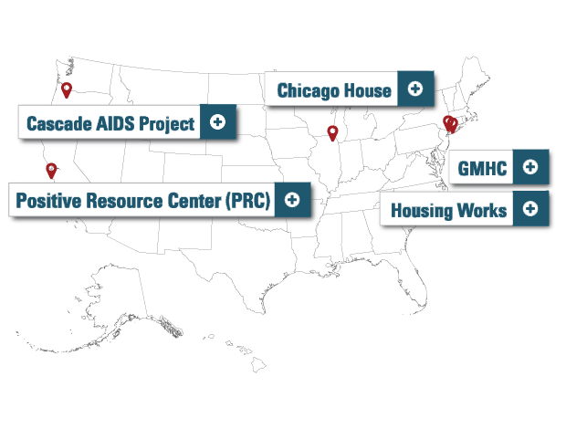 Map of the United States with five markers. West Coast, Positive Resource Center. North-West, Cascade AIDS Project. Central United States, Chicago House. East Coast, GMHC and Housing Works.