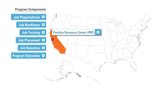 Map of the United States with California highlighted and a map marker on San Francisco for the Positive Resource Center