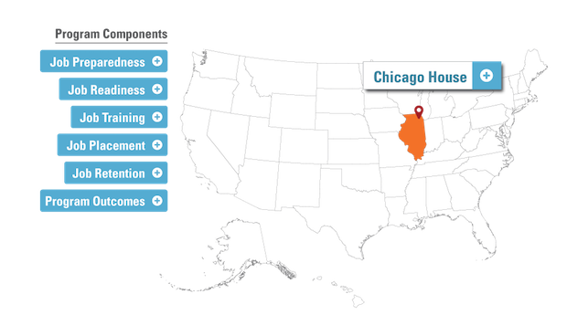 Map of the United States with Illinois highlighted with a map marker on Chicago for the Chicago House