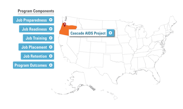 Map of the United States with Oregon highlighted and a map marker on Portland for the Cascade AIDS Project